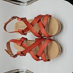 Torrid Women's Cork Wedge Burnt Orange Leather Strappy Ankle Sandals Size 8.5